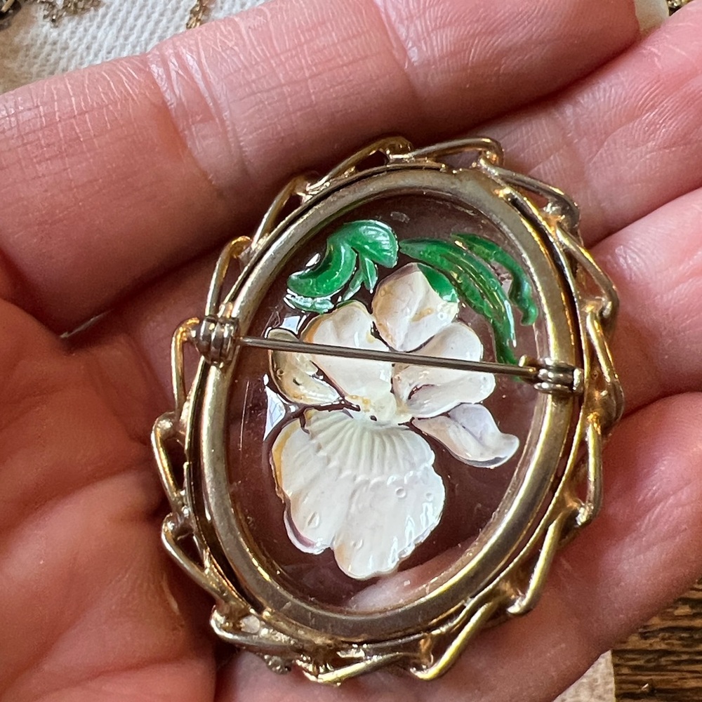 Lot Vintage Costume Cameo Avon Serena rose mirror reverse painted brooch pendant - Picture 10 of 13